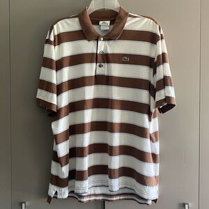 Lacoste Men's Short Sleeve Polo Shirt With Horizontal Brown and White Stripes